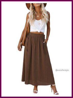 High Waisted Maxi Skirt with Pocket Flowy A-Line Smocked Boho Long Skirt